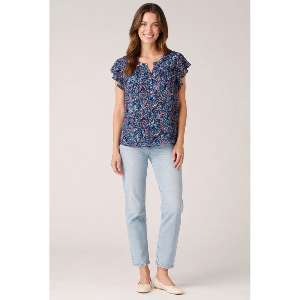 Knox Rose Boho Festival Flowy Top XL Blue Rayon Feather Print Flutter Sleeve
